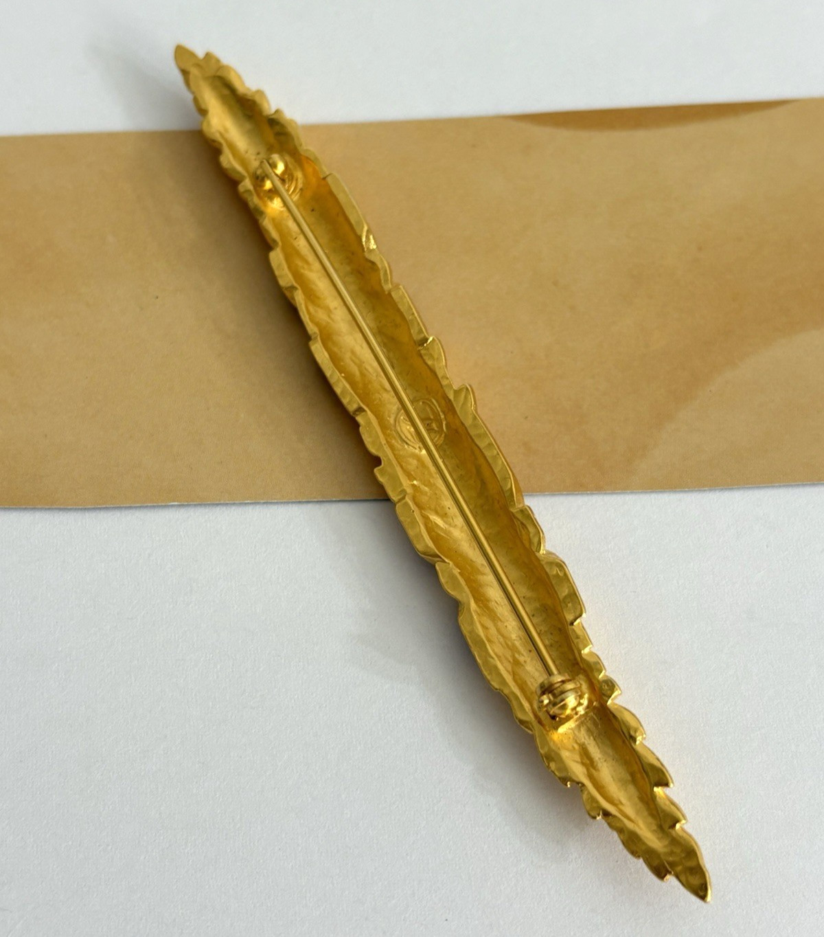 Vintage Karl Lagerfeld Wheat Brooch Brushed Matte Gold Tone Finish Red Enamel