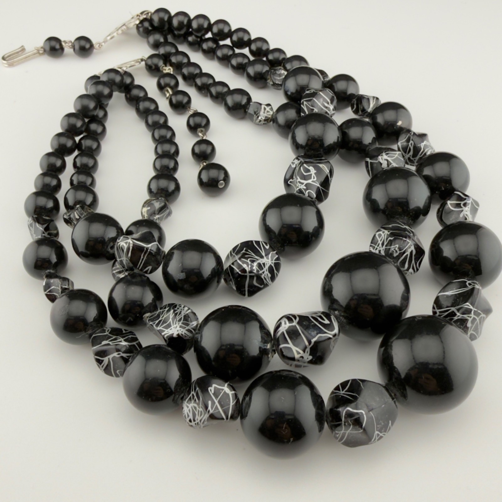 Vintage Beaded Statement Necklace Black Silver Acrylic Multi Strand