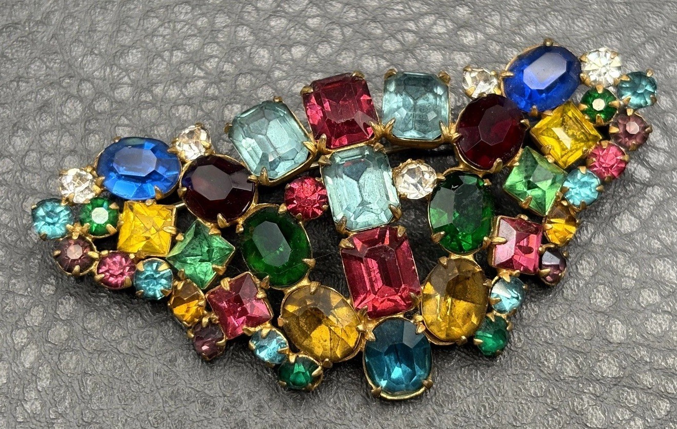 VTG Large Fruit Salad Multicolor Austrian Crystal Glass Rhinestone Brooch Pin