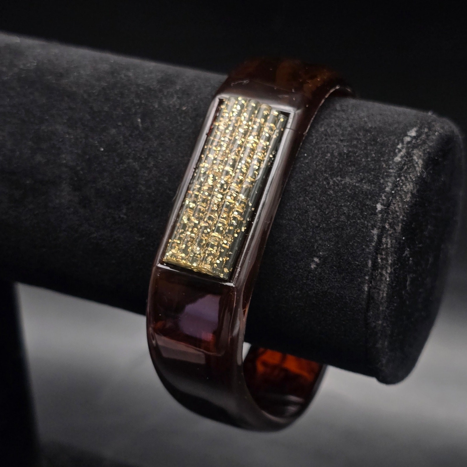 Brown Faux Tortoise Shell Bangle Bracelet with Gold Tone Glitter Accent Vintage