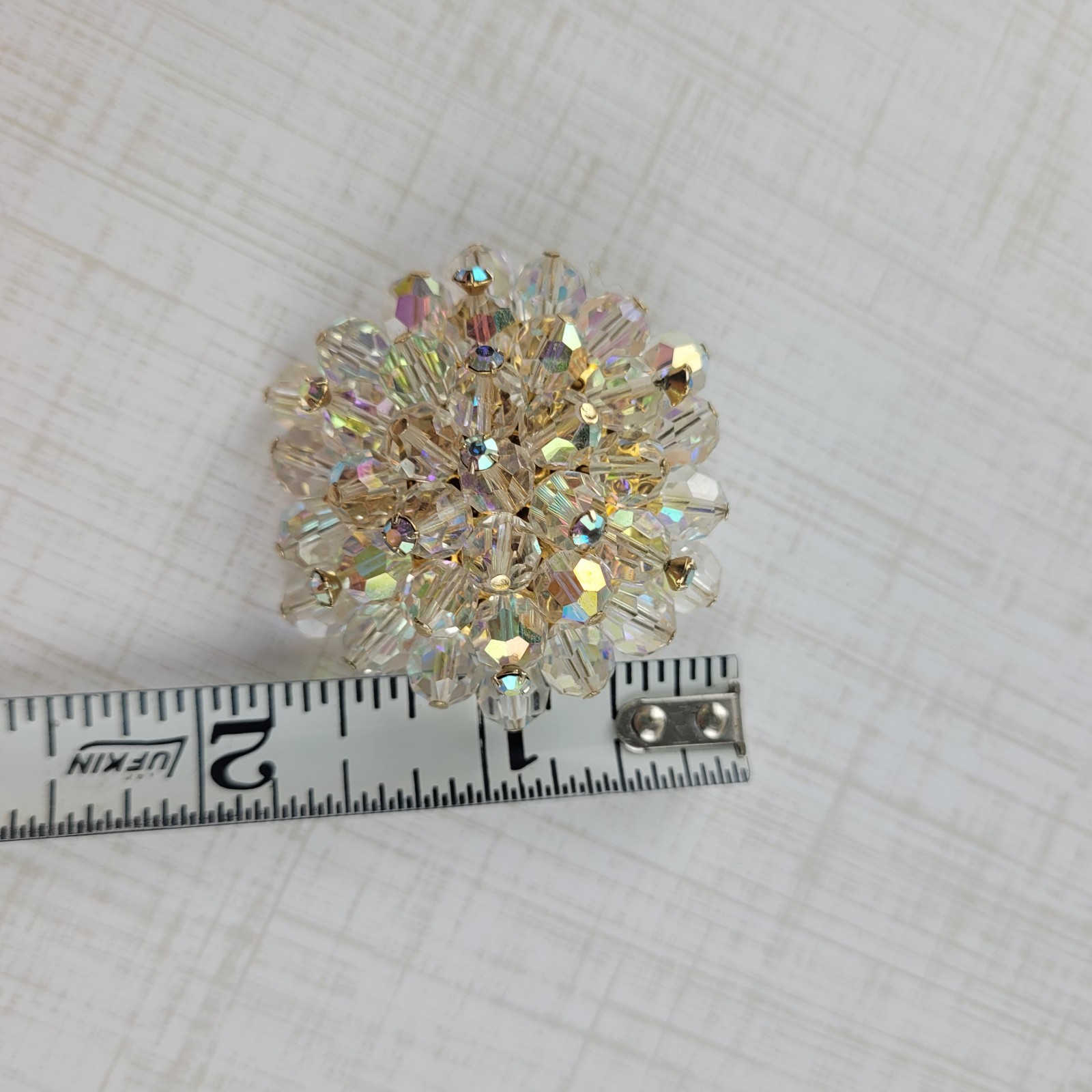 Vintage AB Faceted Crystal Cluster Round Domed Beaded Brooch