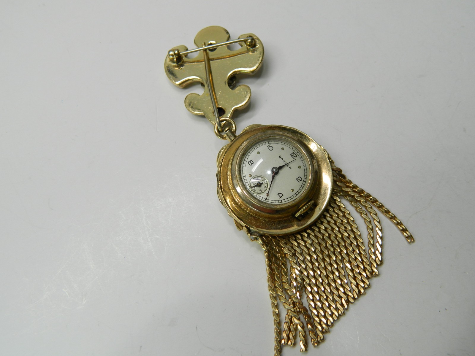 Vintage BANNER small hand reversable Brooch Pin Dangle wind-up Watch Gold Tone