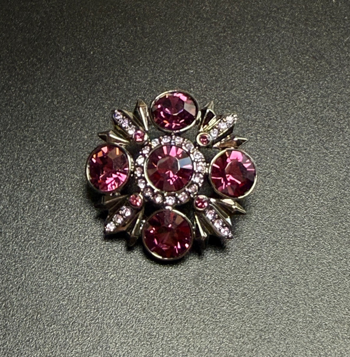 Signed Givenchy Brooch Dark Purple & Pink Rhinestone Crystals Gunmetal Starburst
