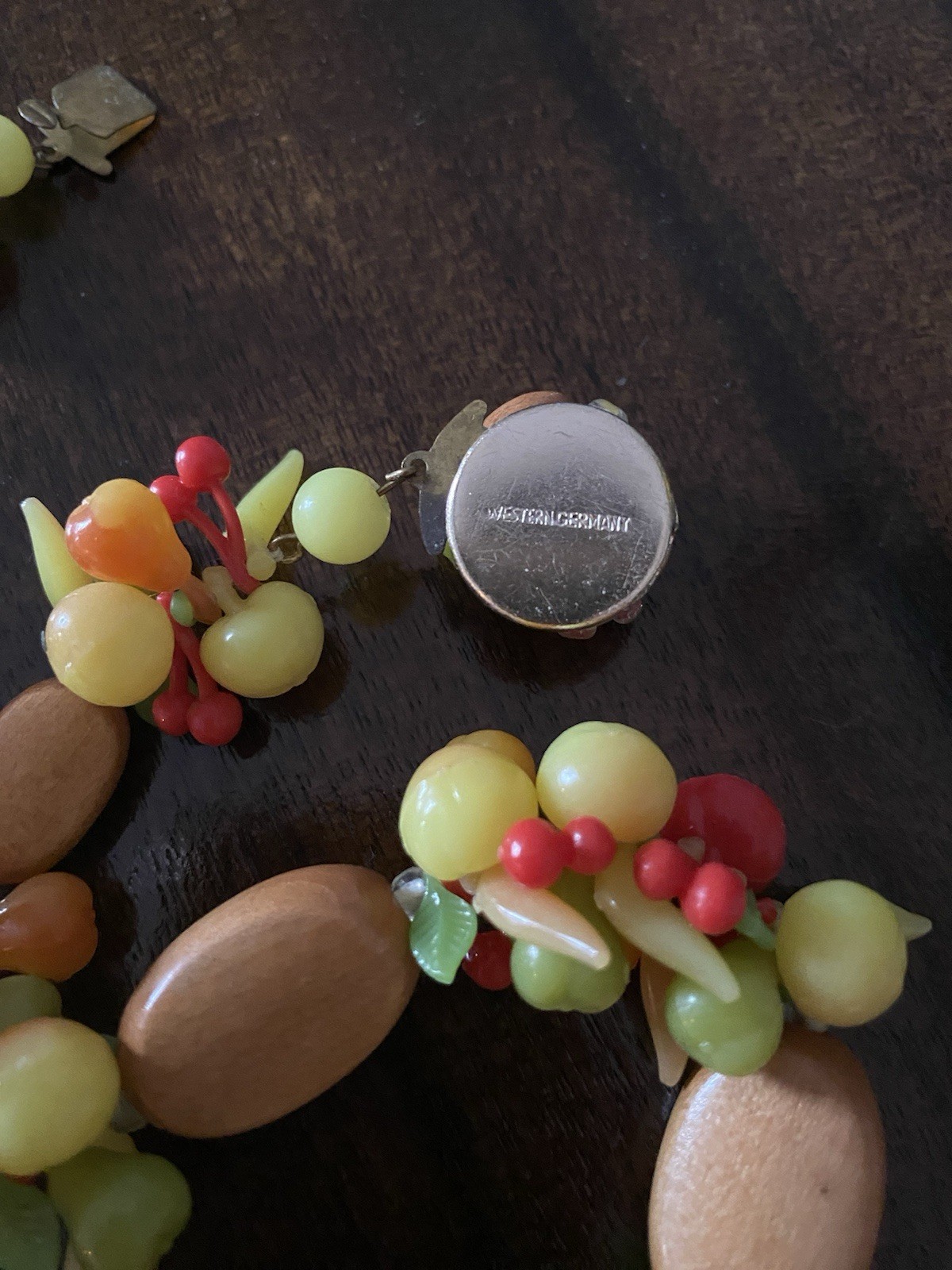Mid Century Wood And Lucite Fruit Salad Necklace- West German