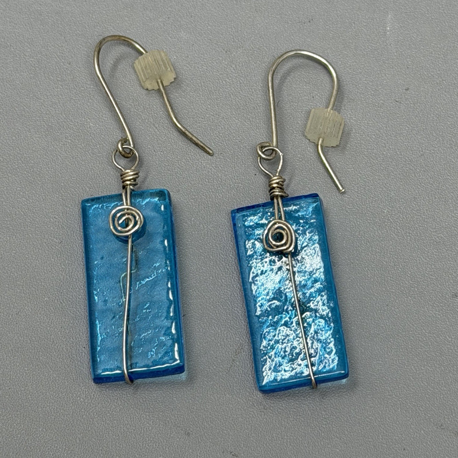 Blue Glass Bead Earrings Wire Wrapped Rectangle Dangle Drop Pierced Bohemian