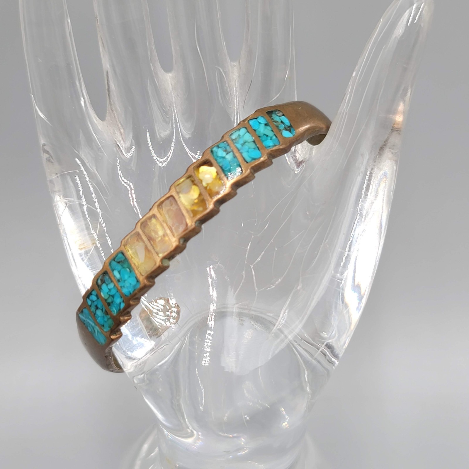Vintage Turquoise Shell Inlay Brass Cuff Bracelet SMALL 6″