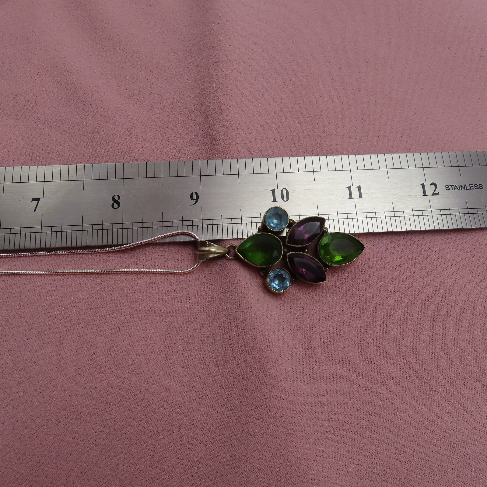 Vintage Sterling Silver Necklace 2 inch Pendant Green Purple Blue Crystal 369c