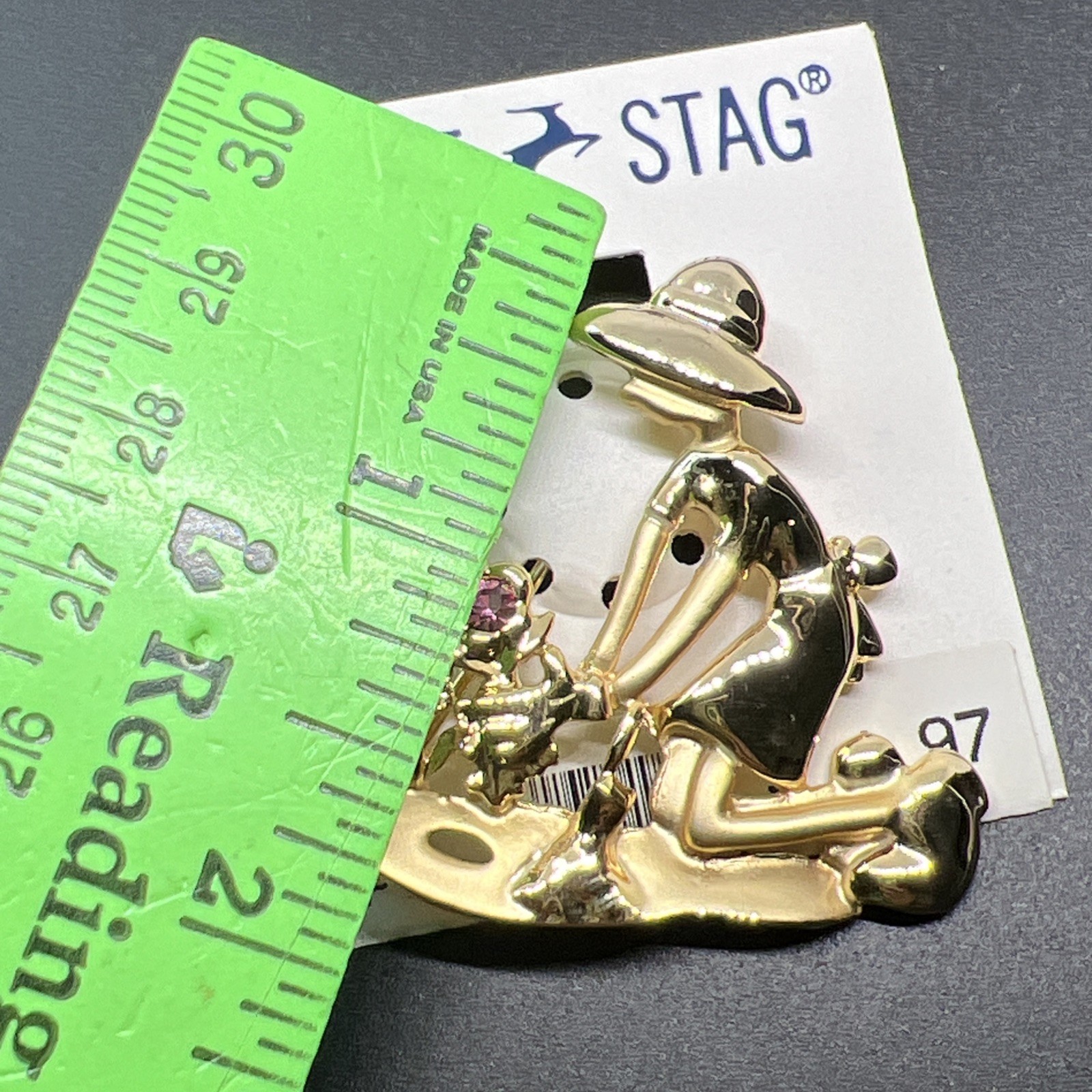 New White Stag Gold Tone Gardener Gardening Planting Flowers Brooch Rhinestones