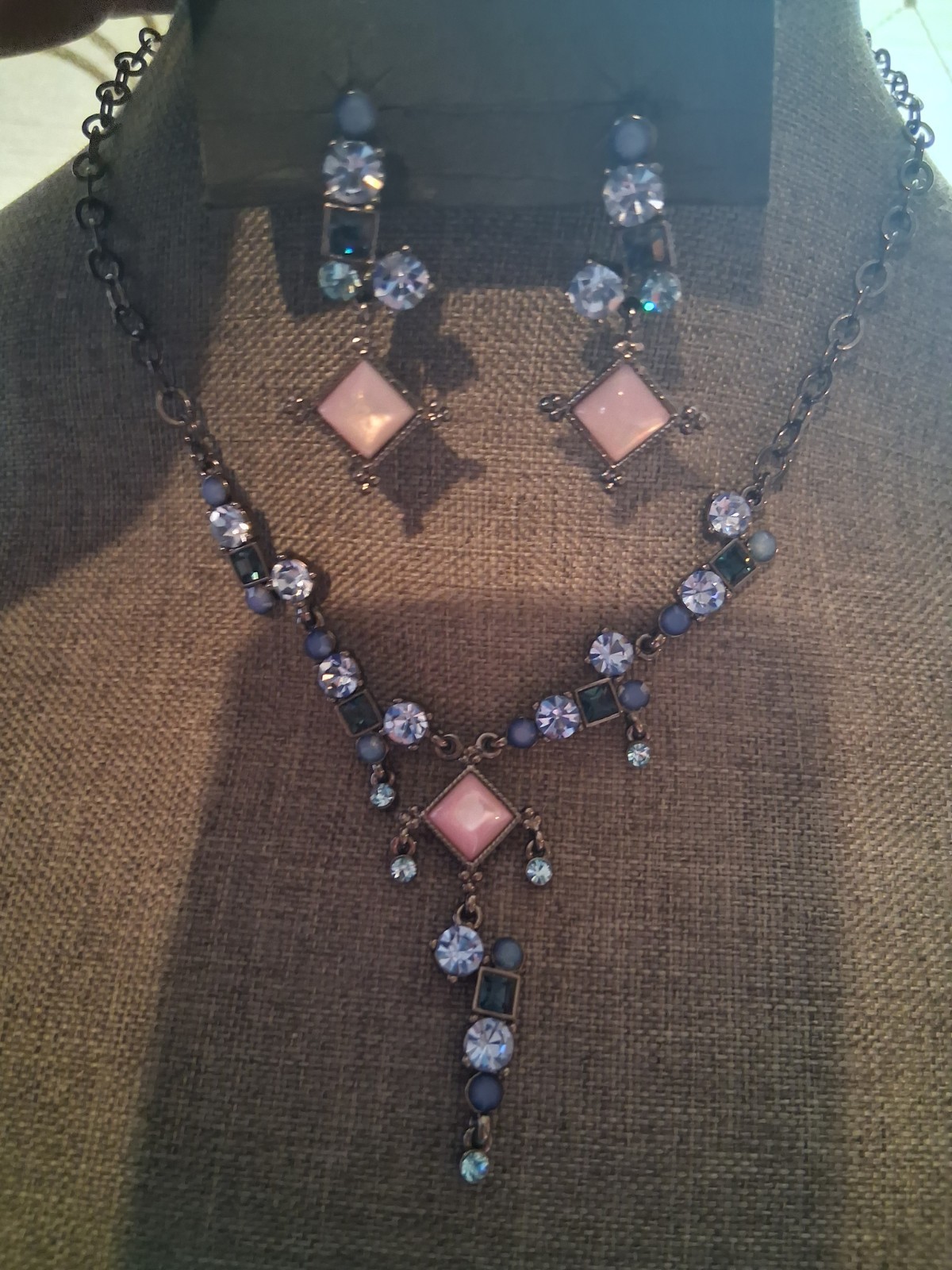 90’s pink moonglow & blue crystal festoon style necklace & dangle drop earrings