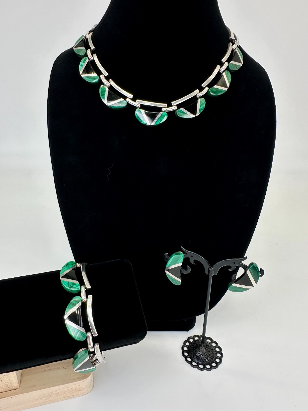 Vintage Taxco TS-108 925 Silver Malachite Onyx Necklace Bracelet Earrings