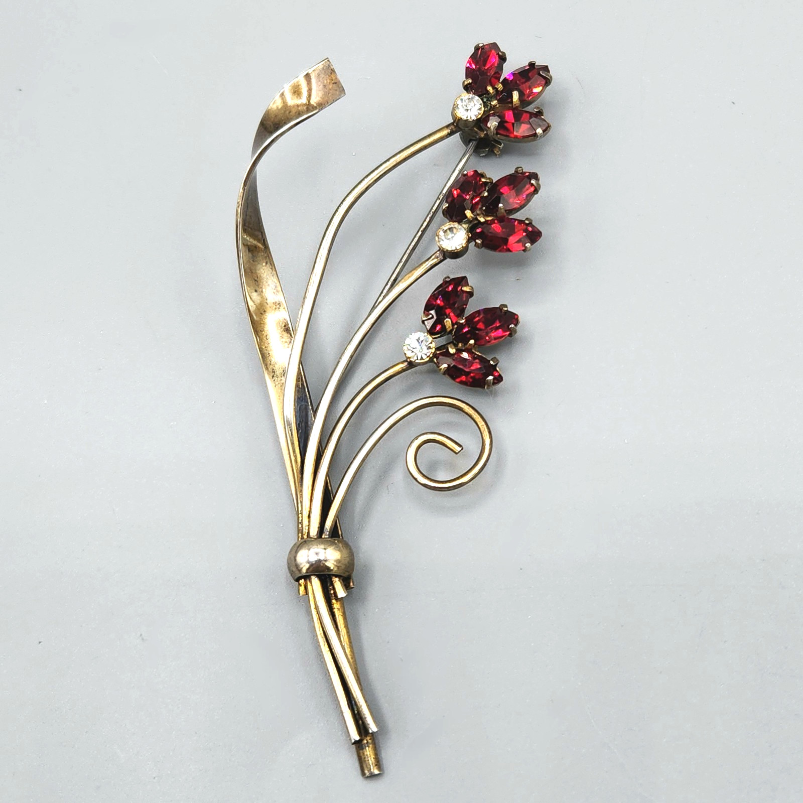 Retro Gold Wash Sterling Silver Siam Red Marquise Glass Flower Bouquet Brooch
