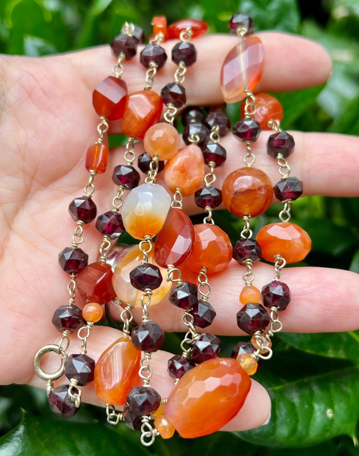 VINTAGE AGATE RHODOLITE GARNET 925 STERLING SLVR LONG STATION STATEMENT NECKLACE