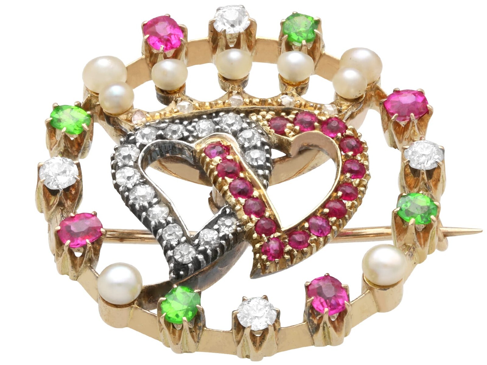 Pearl, 0.30Ct Demantoid Garnet, 0.45Ct Ruby, 0.35Ct Diamond, 14k Gold Brooch