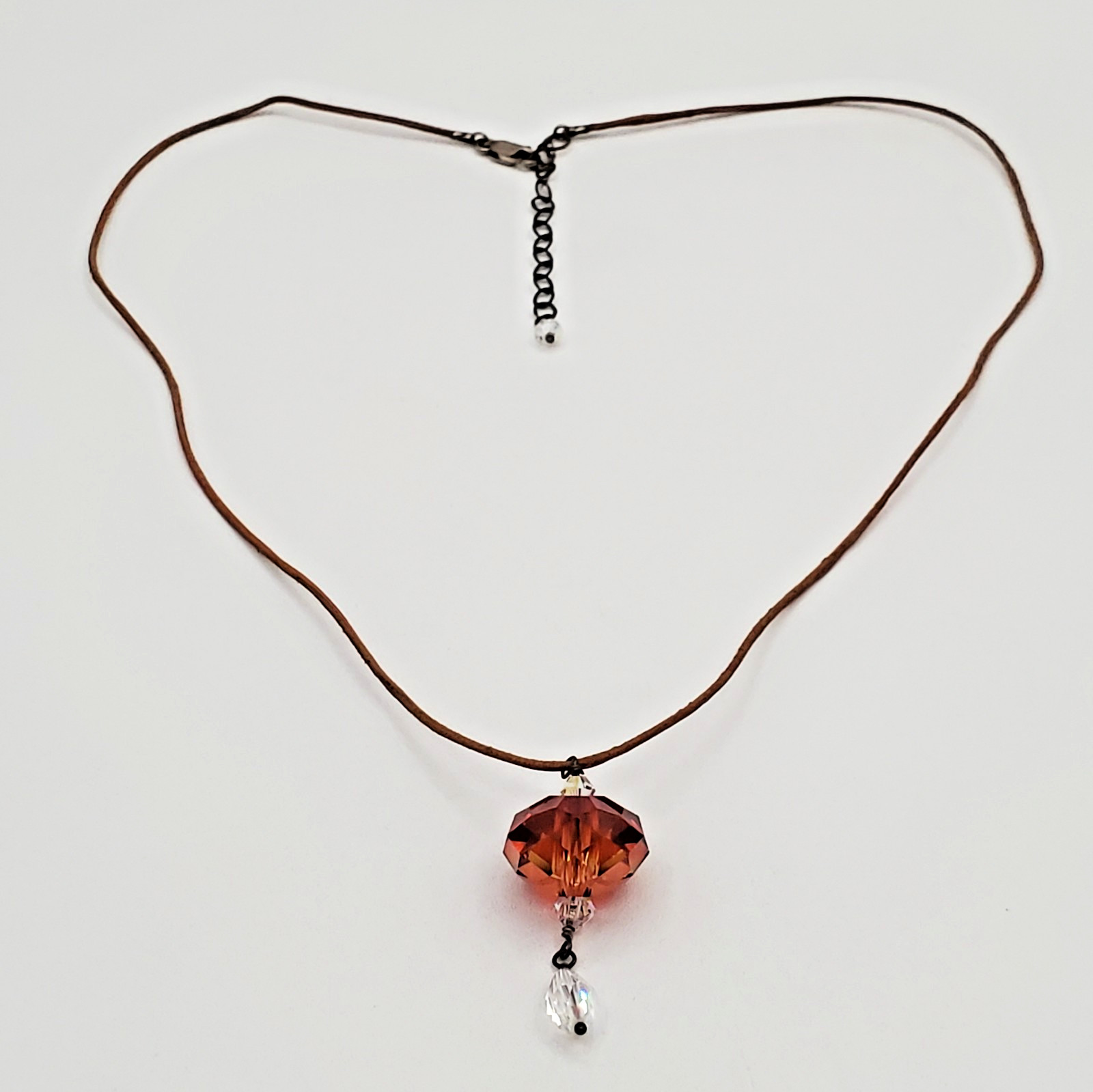 VTG 925 Faceted Amber Tone Crystal Necklace 18in Sterling Clasp Raw Leather Cord