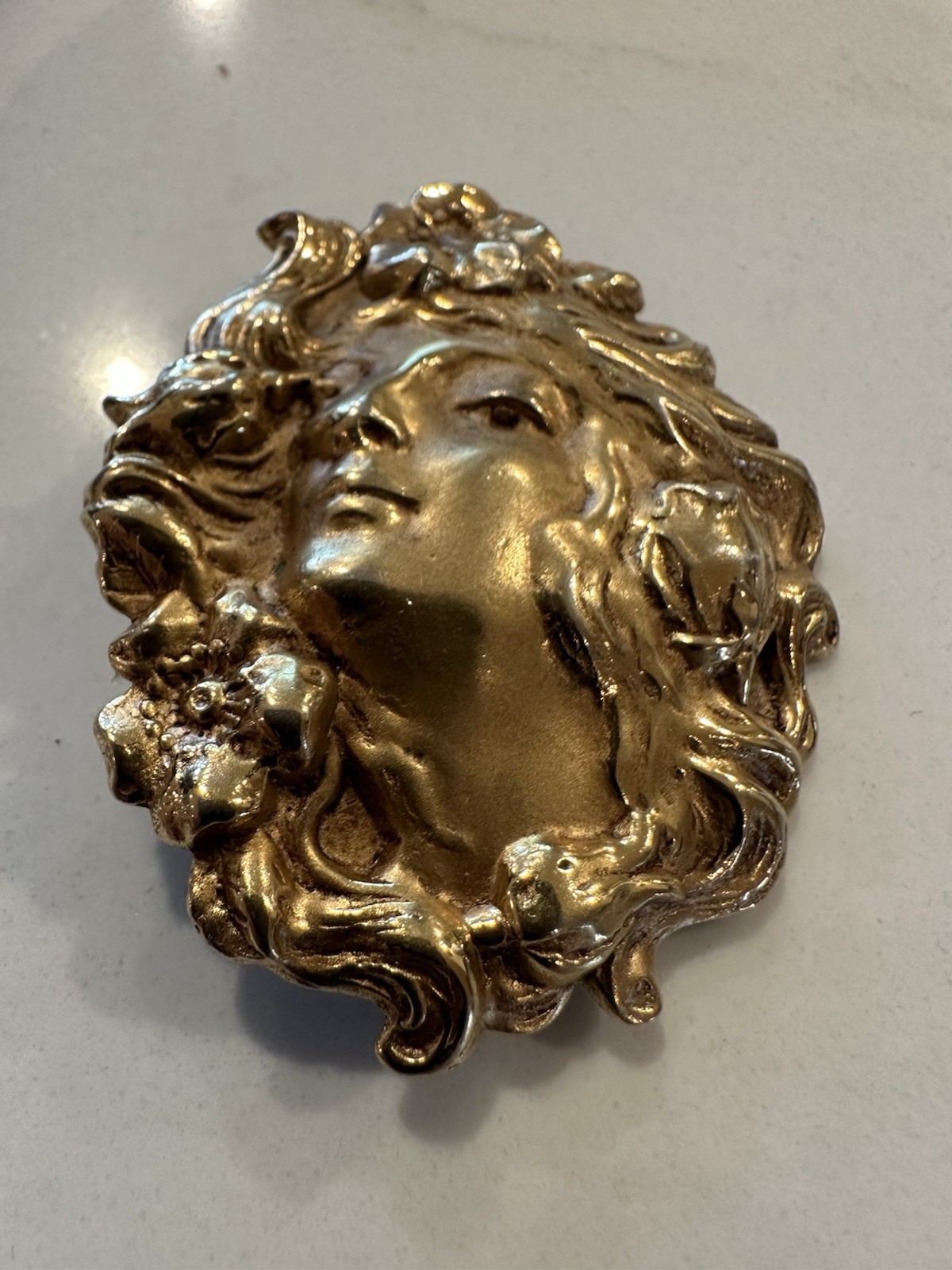 Vntg Art Nouveau/Jugendstil/Brass Woman’s Head Face/Poppy Flower Hair-Brooch/Pin
