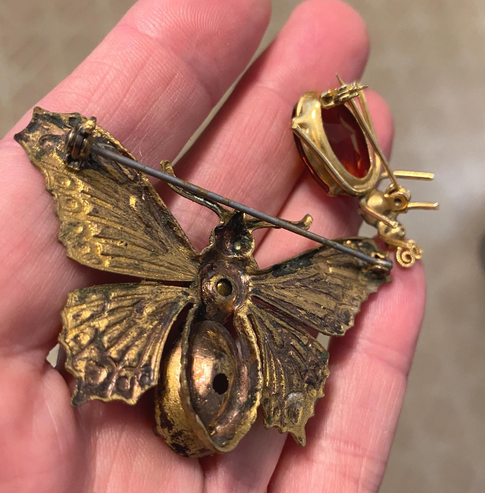 Antique Vintage Bug Pin Brooch Lot Butterfly Moth Blue Rhinestone Carnelian