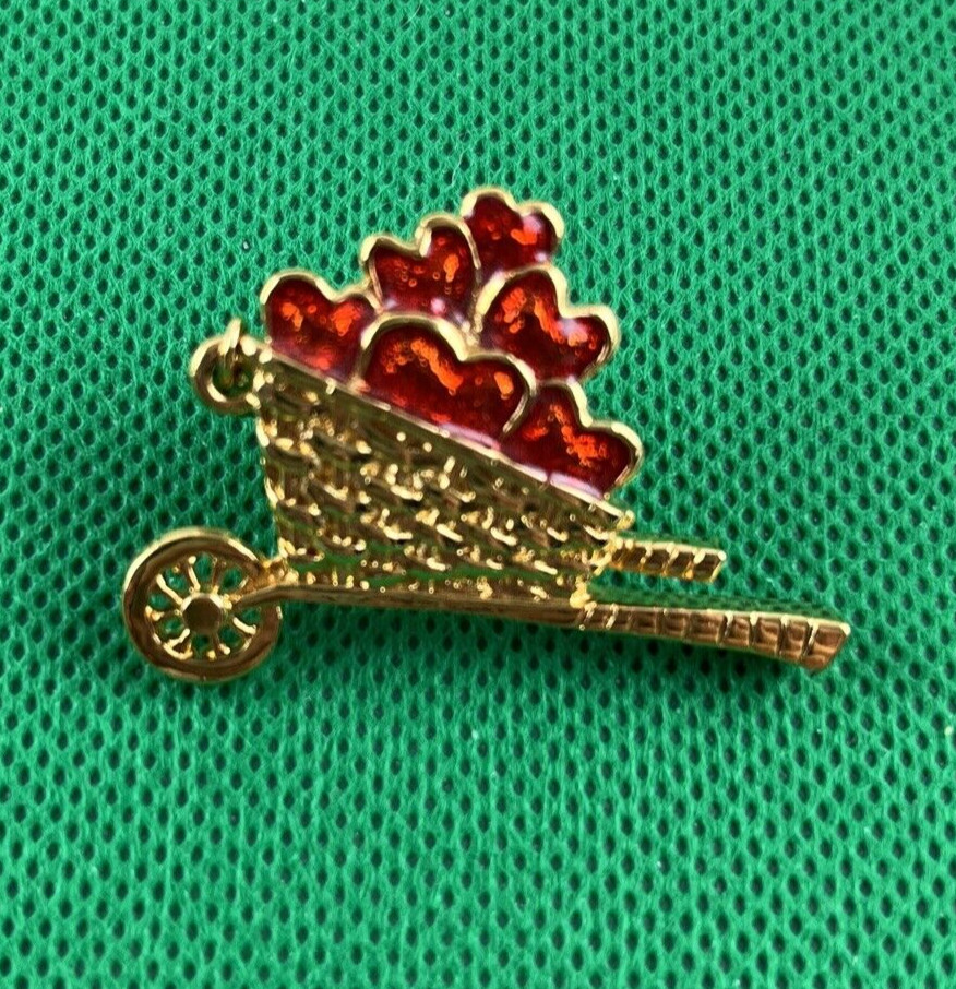 3 Vtg Avon Gold Tone Pins 2 Hearts 1 Wheelbarrow Enameled Gardner Of Love Hearts