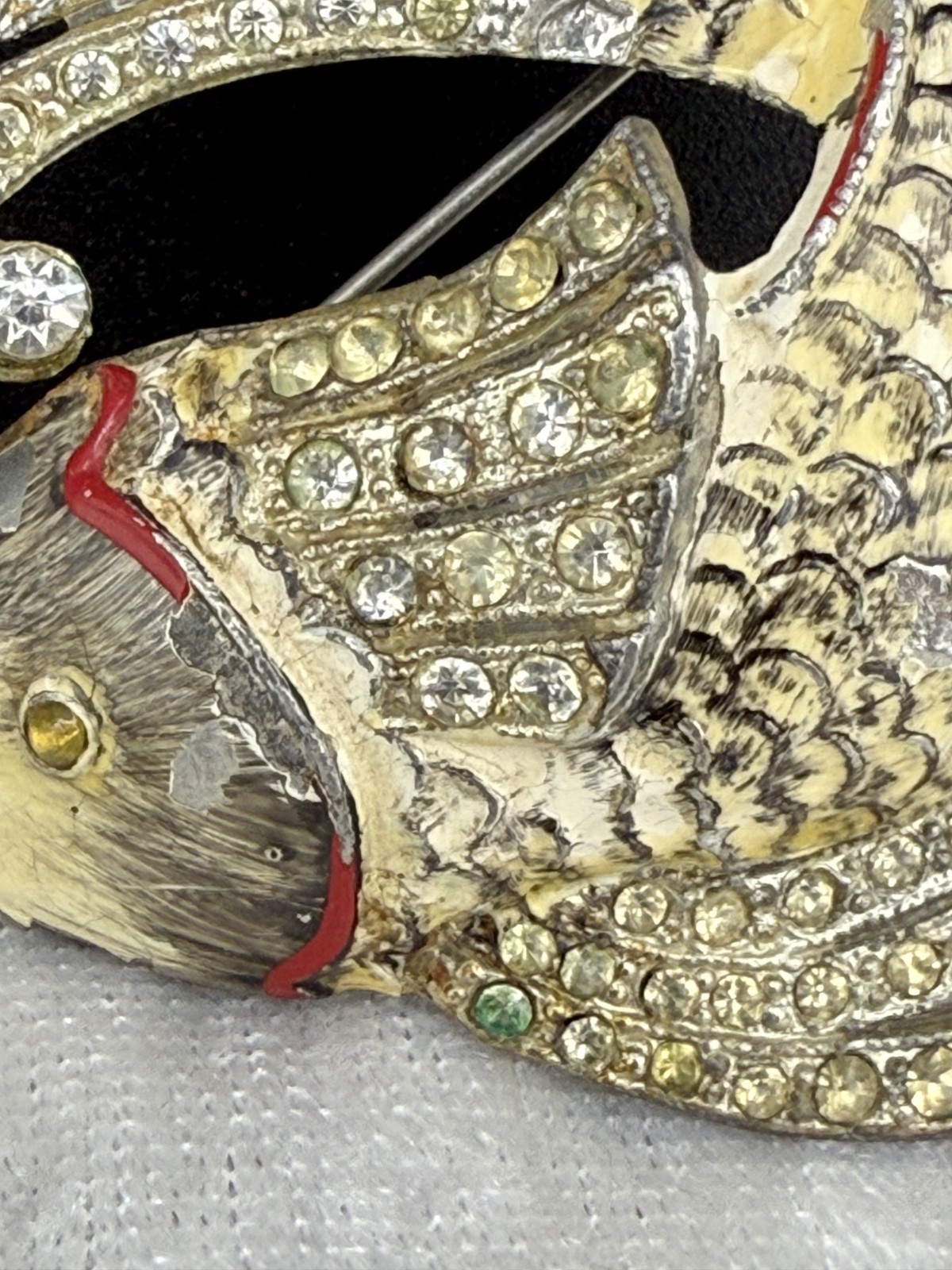 Vintage Pot Metal Brooch Fish Rhinestones Enamel READ