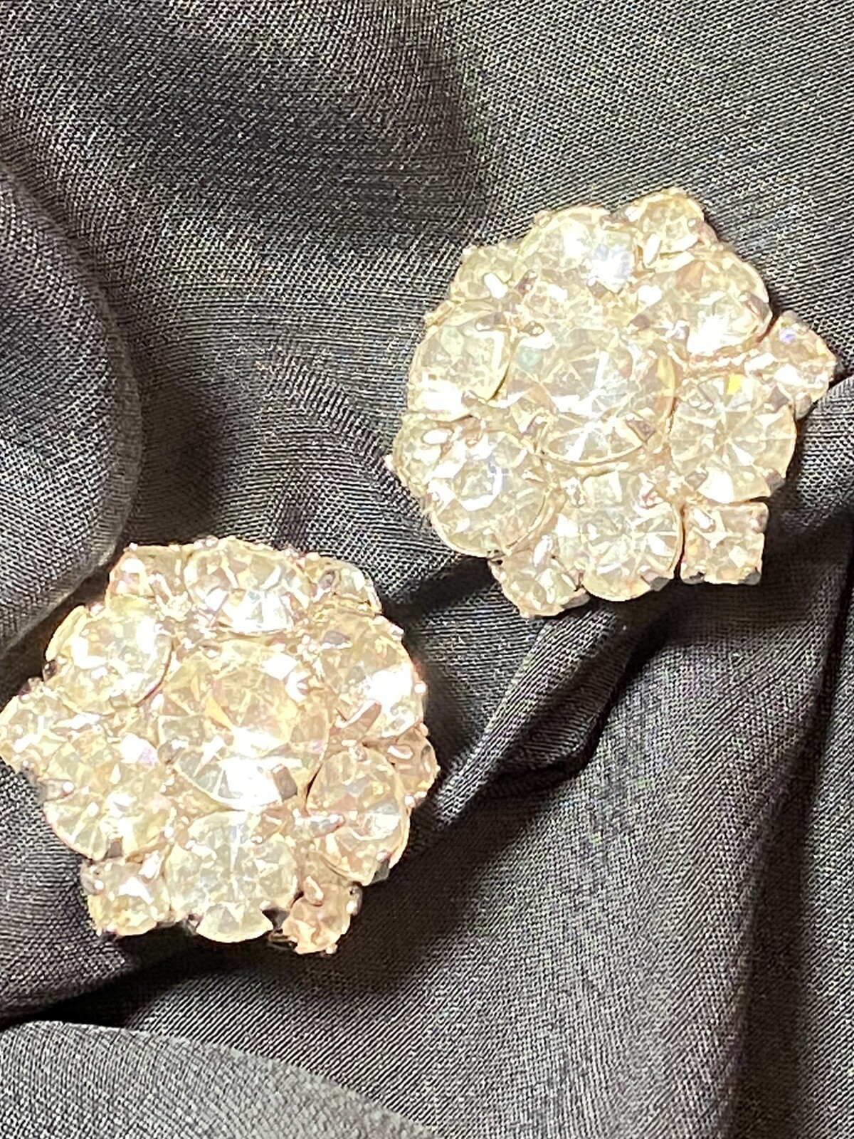 Kramer NY Rhinestone Clip Earrings Cluster Princess And Emerald Cut Crystals VTG