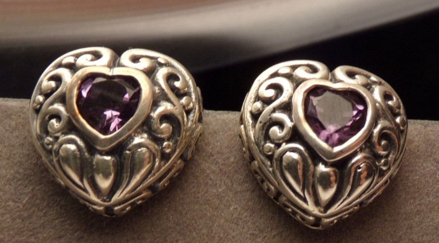 VTG SIGNED KH KIT HEATH AMETHYST HEART STONE DEEP LARGE POST PIERCE EARRINGS