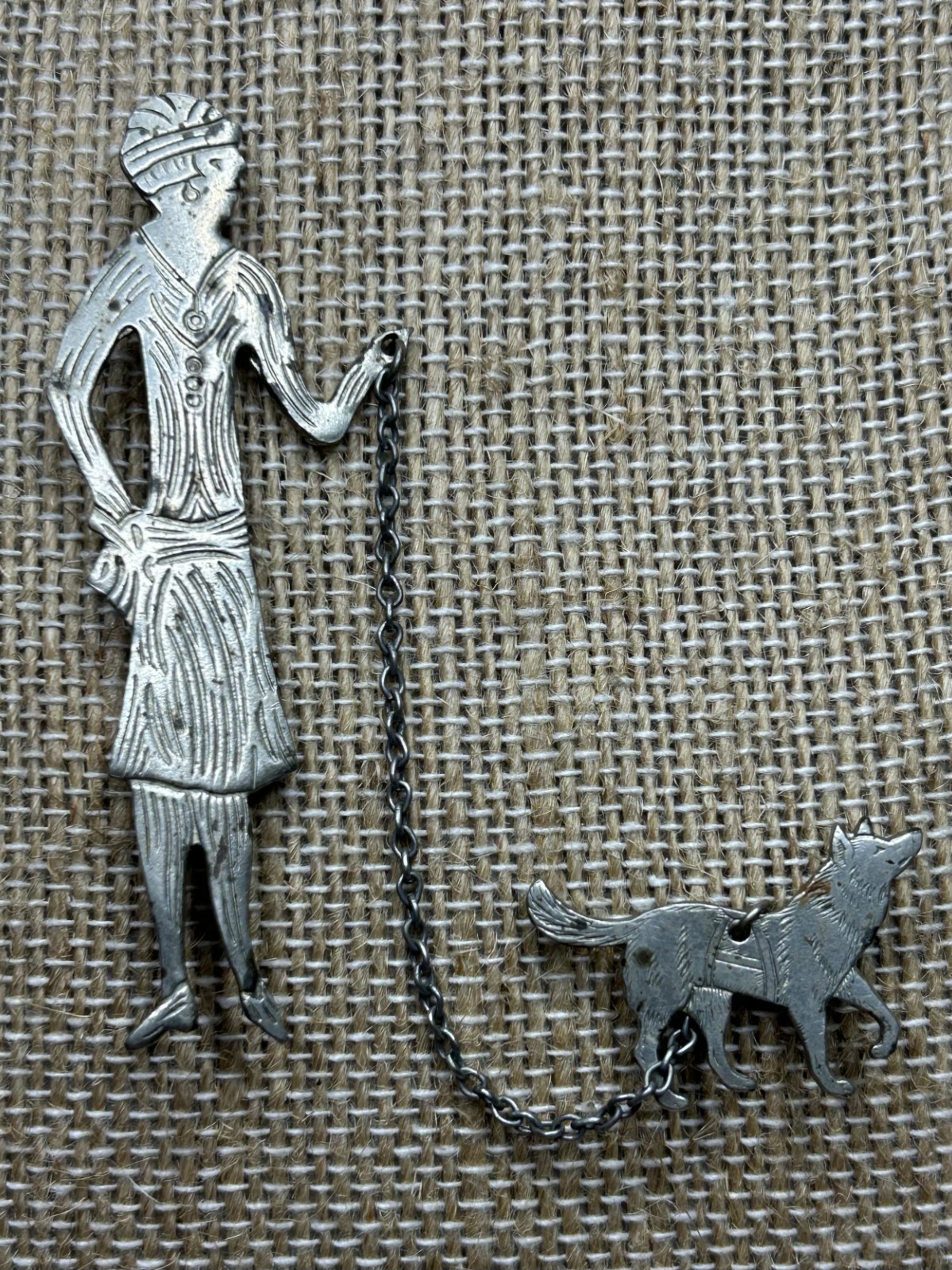 Antique Art Deco Lady Walking Dog Brooch Pin Silver Tone Flapper 1920s
