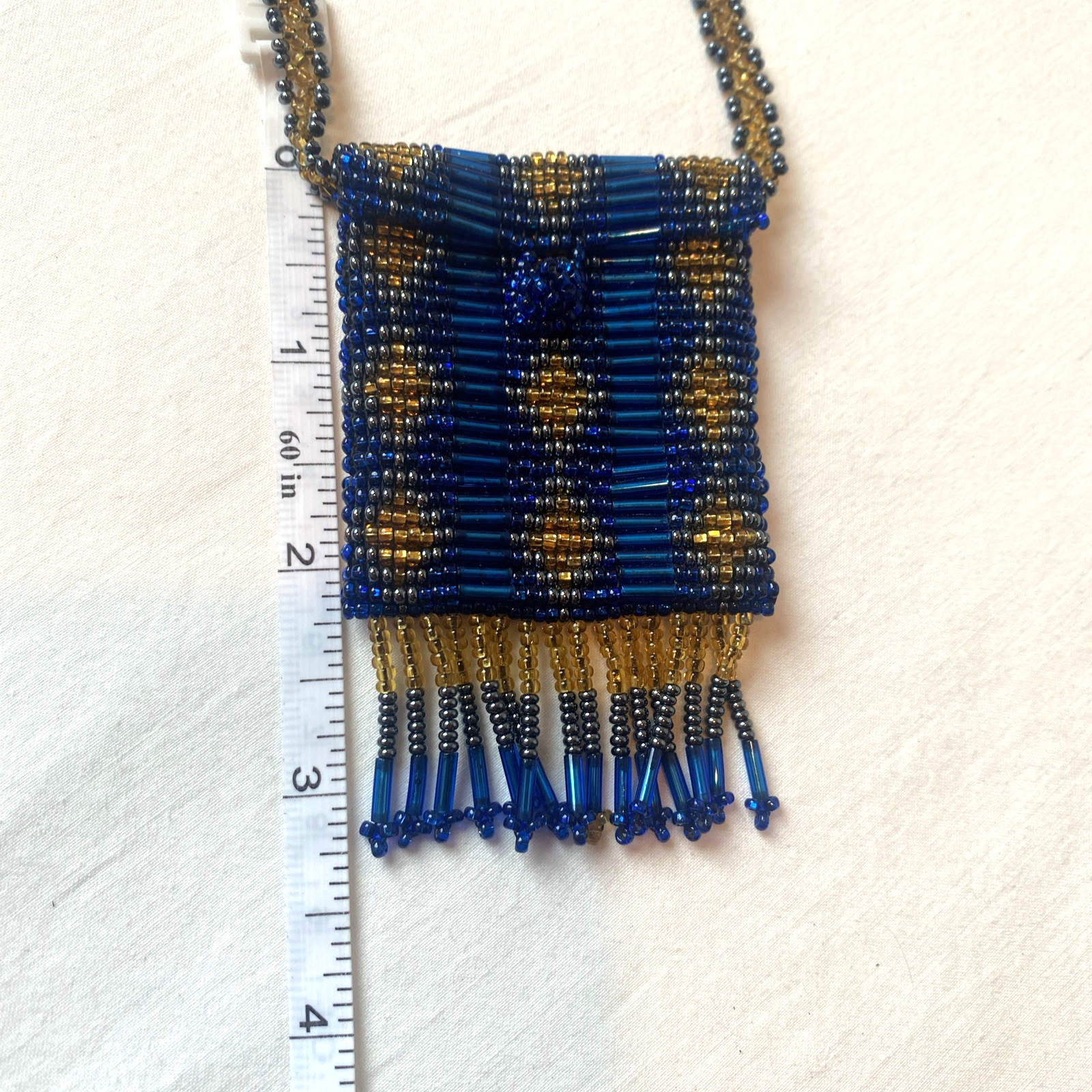 Vintage Blue & Gold Seed Bead Purse Pendant Necklace