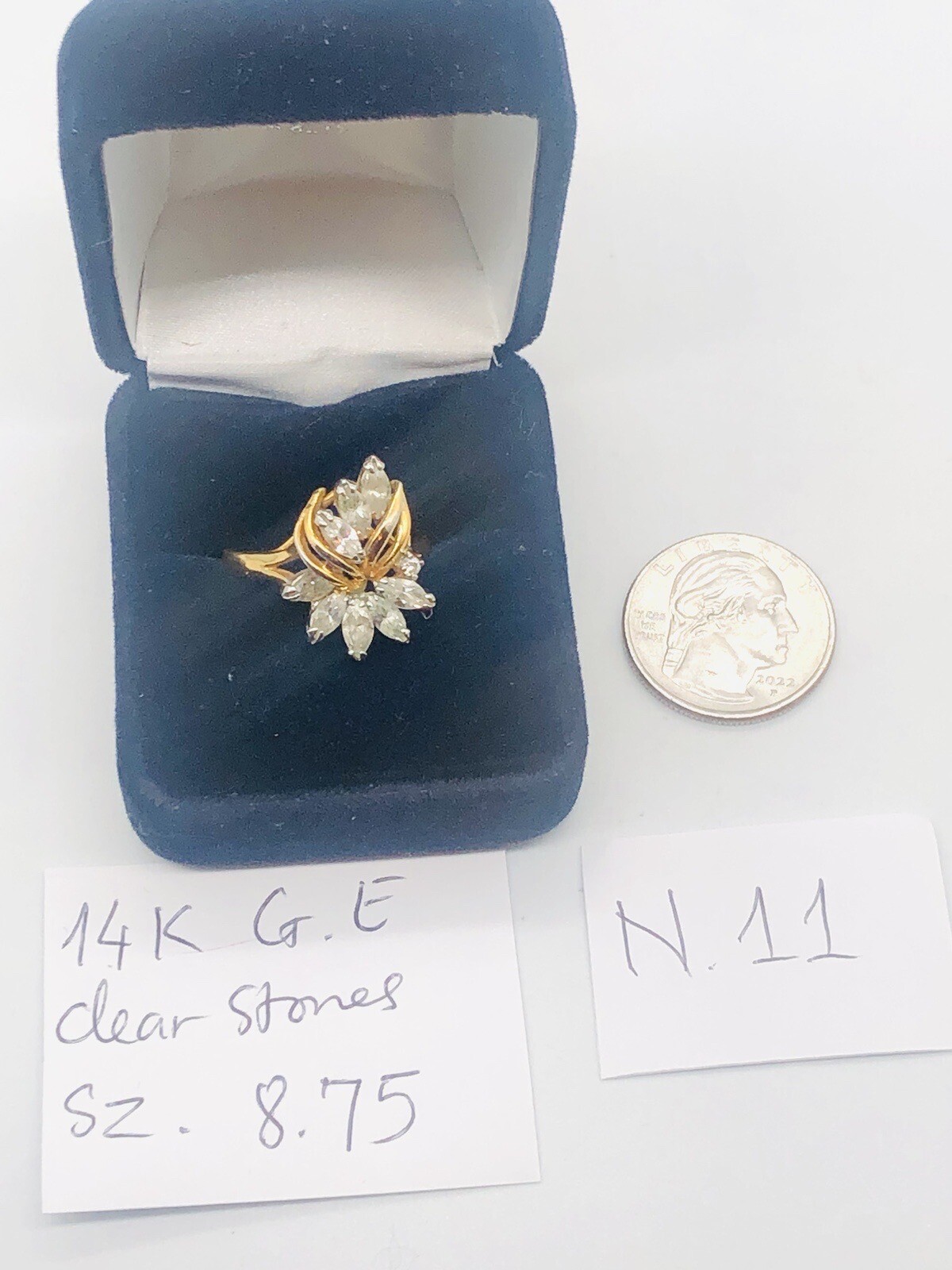 Vtg 14K GE Clear Glass Rhinestone Cocktail Ring Sz 8.75