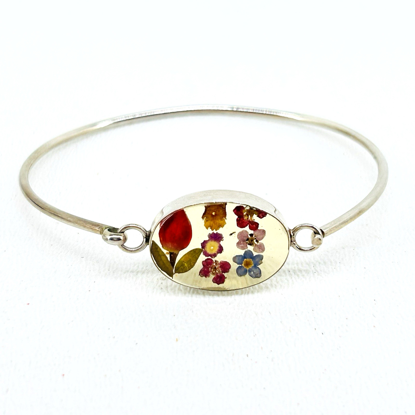 ATI Mexico 925 Sterling Artisan Oval Central Resin Dry Floral Charm Bracelet 6″