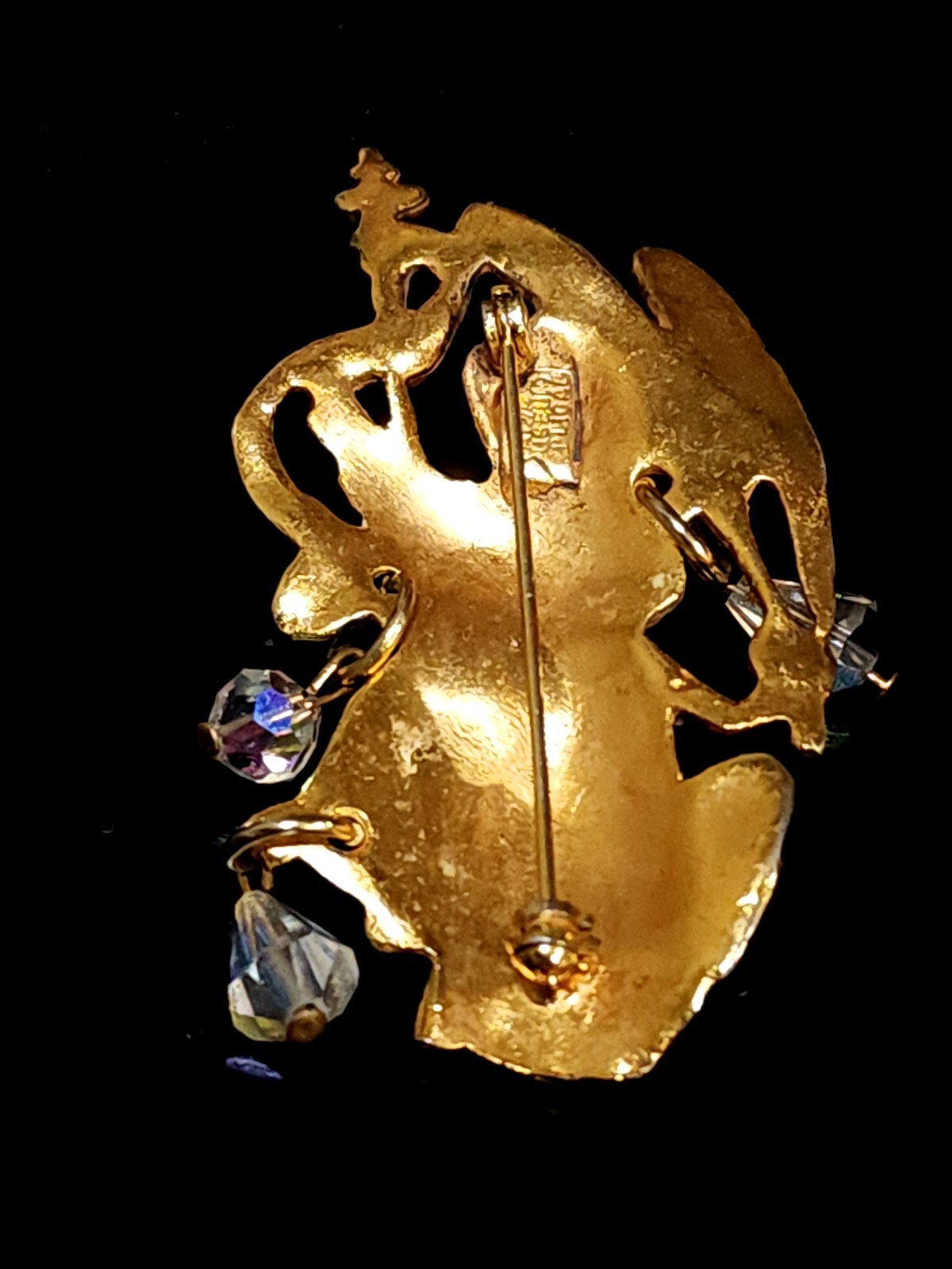 Vintage Alva Museum Signed Replica Gold Toned Angel Brooch Pin with Crystals