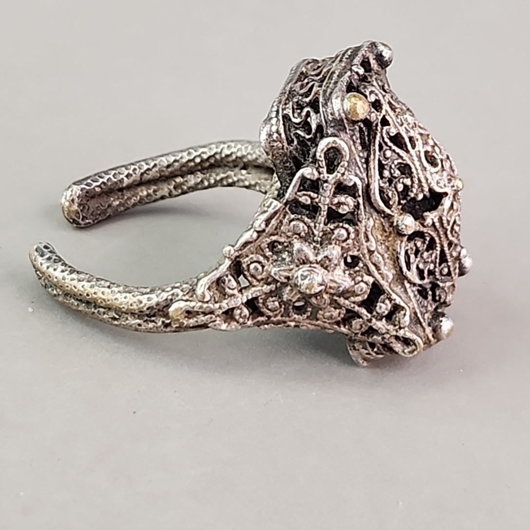 Filigree Statement Cuff Ring Brass Silver Tone Rectangle Heavy 7.5