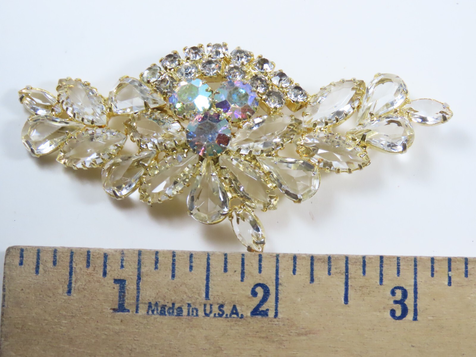 AB Rhinestone Brooch Pin VTG Clear Crystal Cluster Spray Prong Stunning D1580
