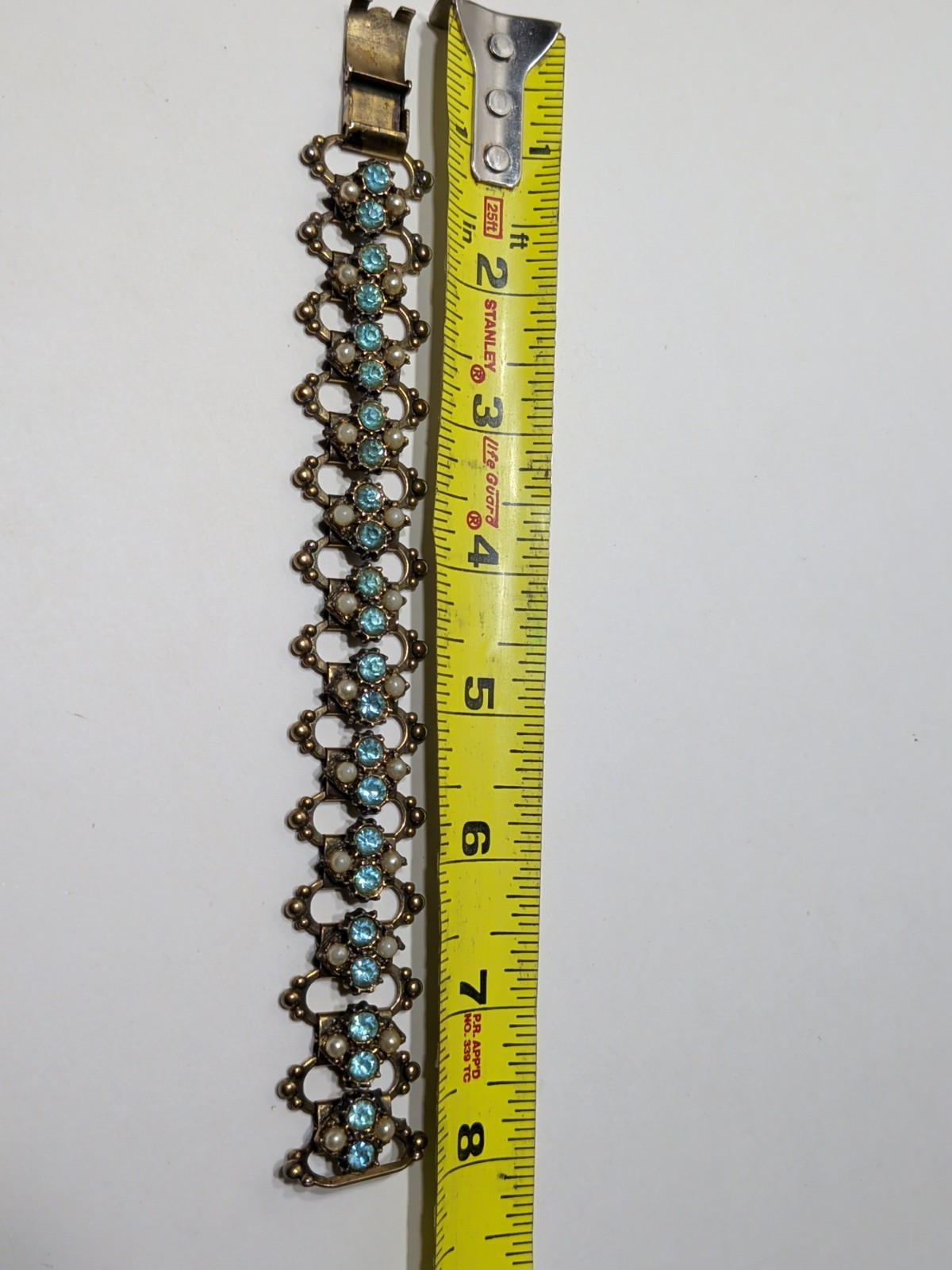 ✨VINTAGE✨ 1950s 8″ Bracelet Blue Stones Small Pearls Gold Tone Filigree Copper?