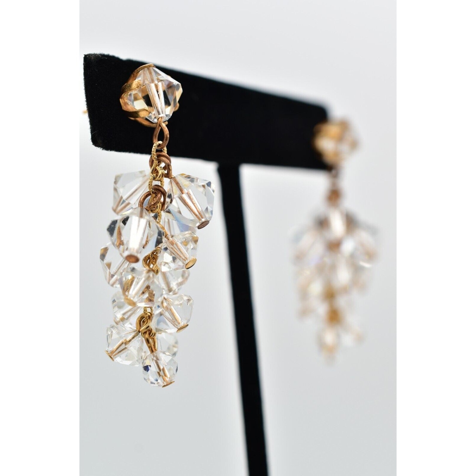 Vintage Clear Austrian Crystal Earrings Dangle Cluster Chain Drop Glam 1950s A24