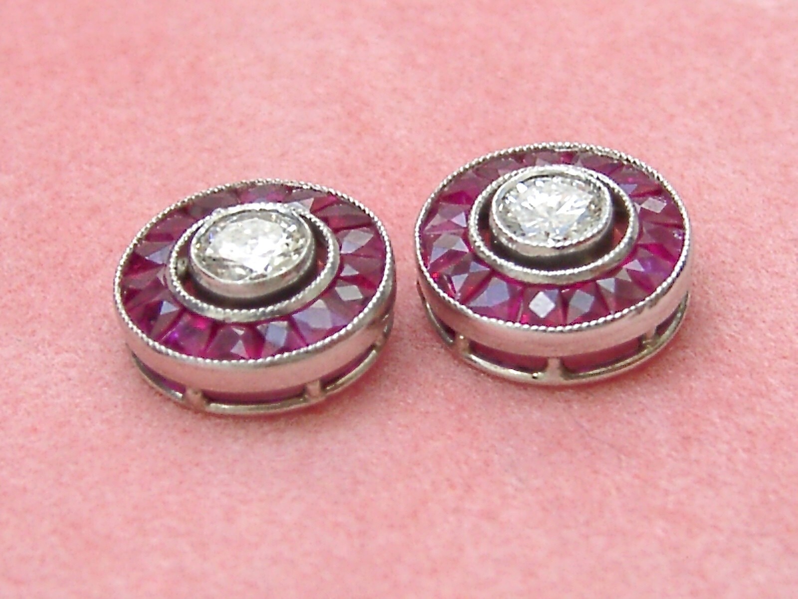 ART DECO STYLE .46ctw DIAMOND w/ RUBY HALO PLATINUM 9.5mm EVERYDAY STUD EARRINGS