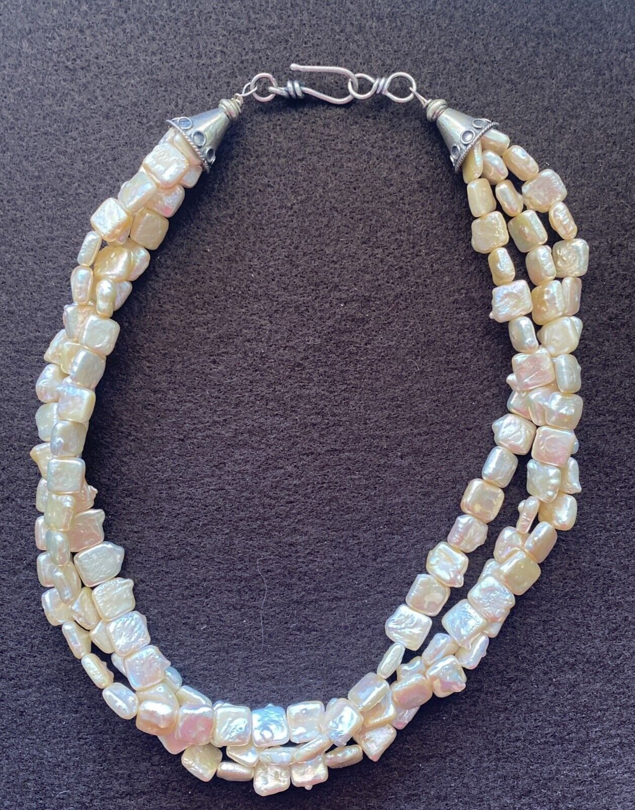 lridescent Off White Square Pearl Multi Strand Necklace Sterling Cones Clasp 19″