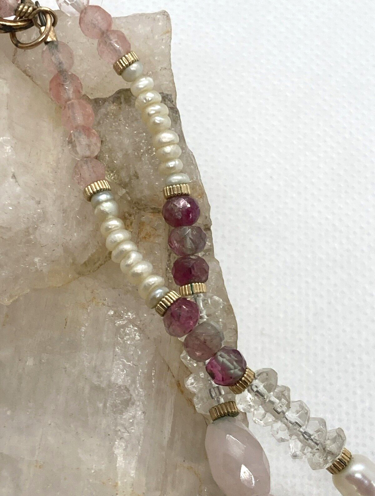 Vintage Rose Quartz Carved Mother of Pearl Tourmaline 18” Necklace 14/20 GF 44g