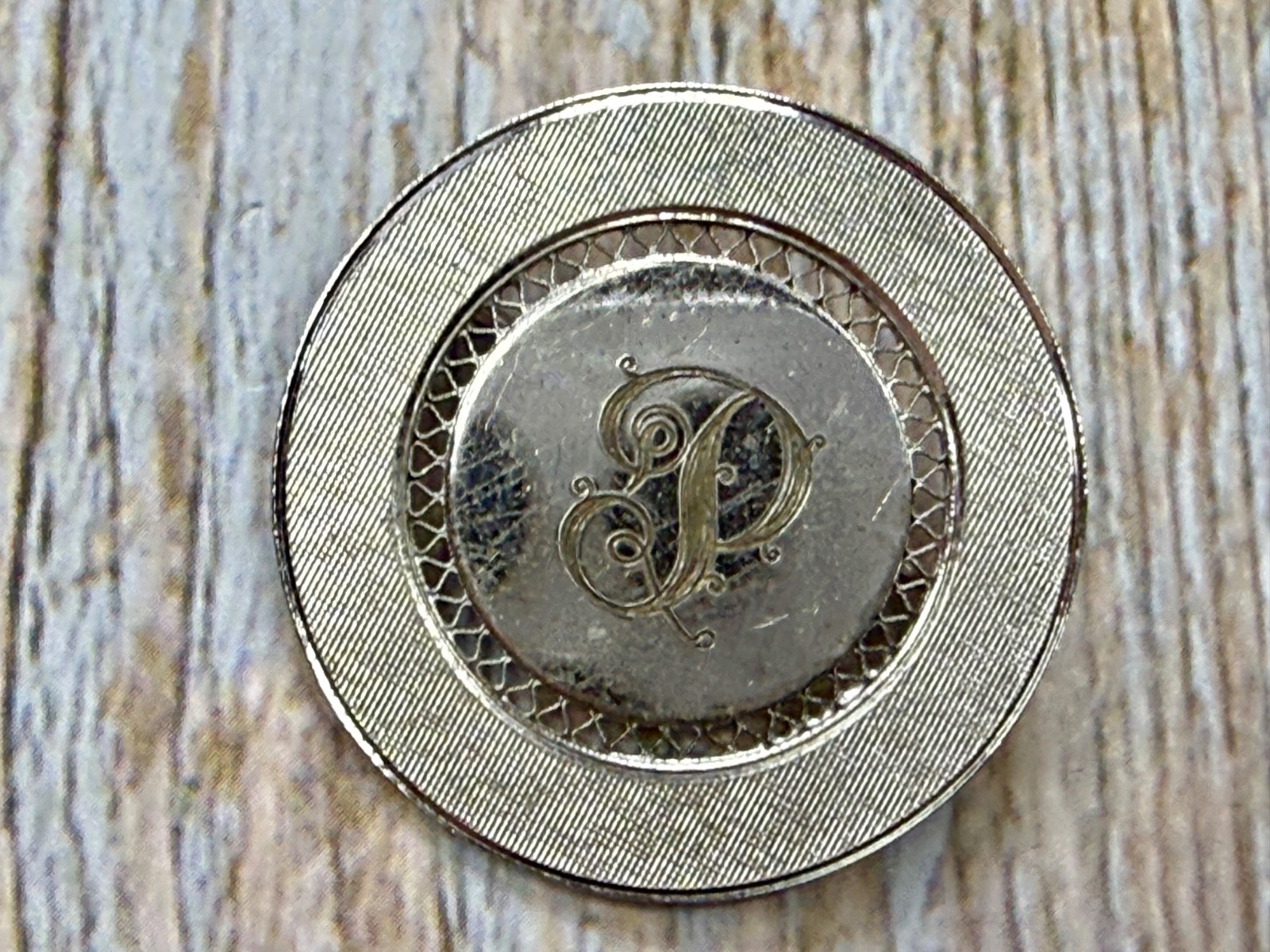 Initial Letter P ? Calligraphy On Vintage Sterling Silver Round Disc Brooch