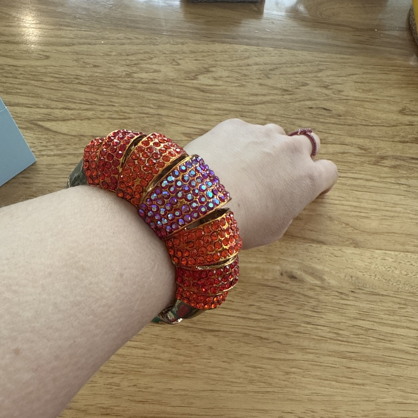 Vintage Hinged Cuff Bracelet Red Orange Fuchsia Rhinestone Crystal 1980s