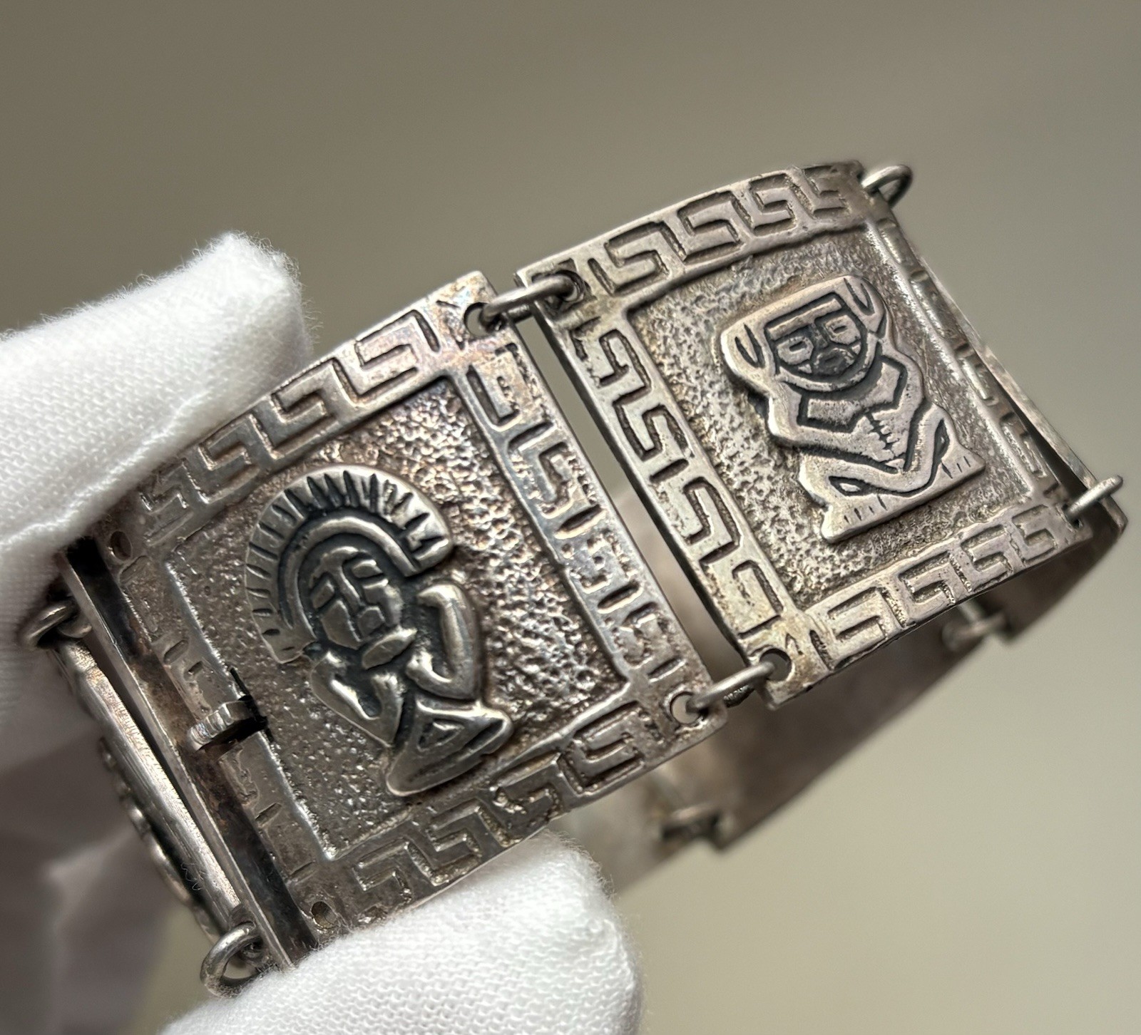 Vintage Silver Peru Panel Bracelet Ethnic Wide Heavy 7.25in 900 Plata 63.45g