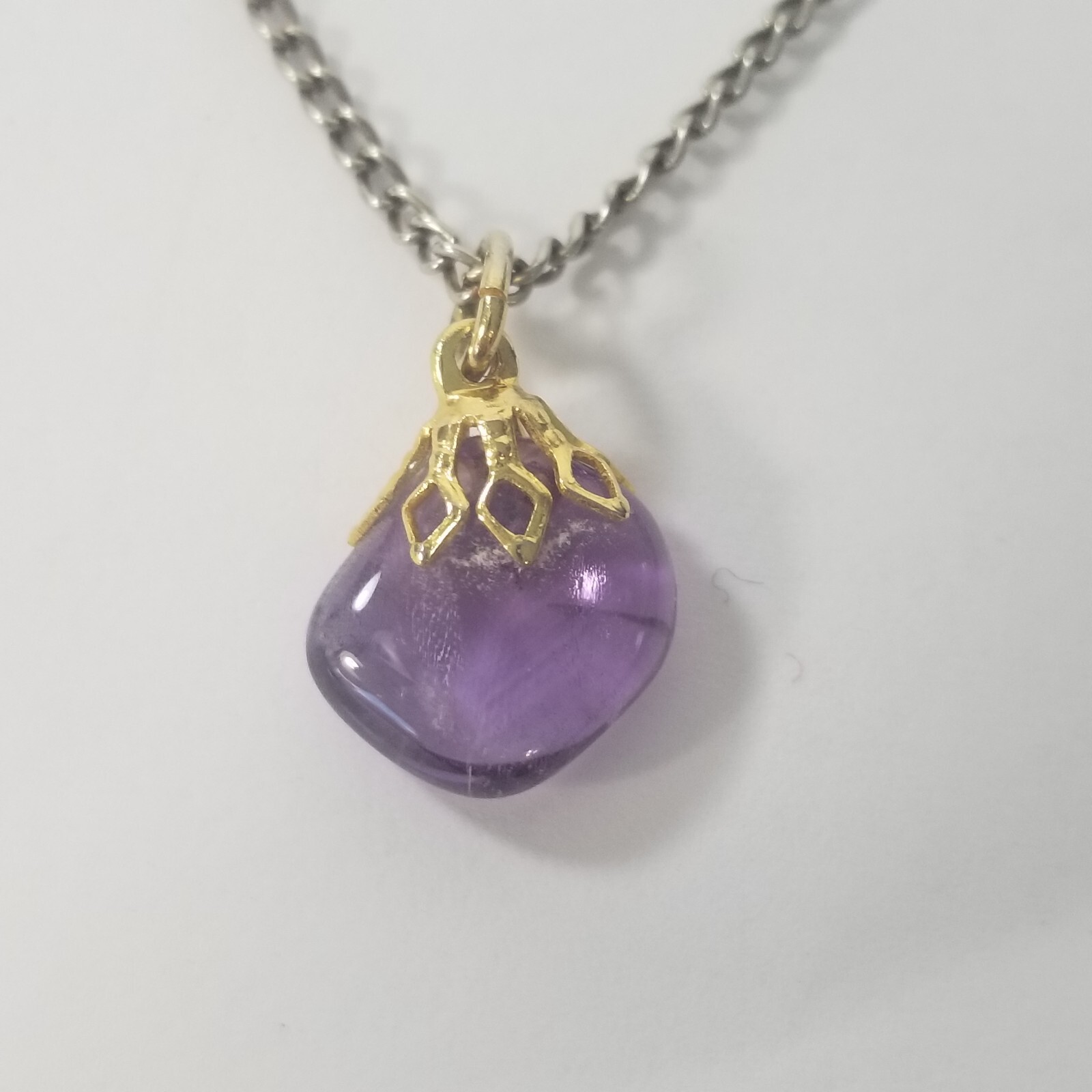 Vintage Gold Tone Purple Glass Cabochon Pendant & Silver Tone Necklace Chain
