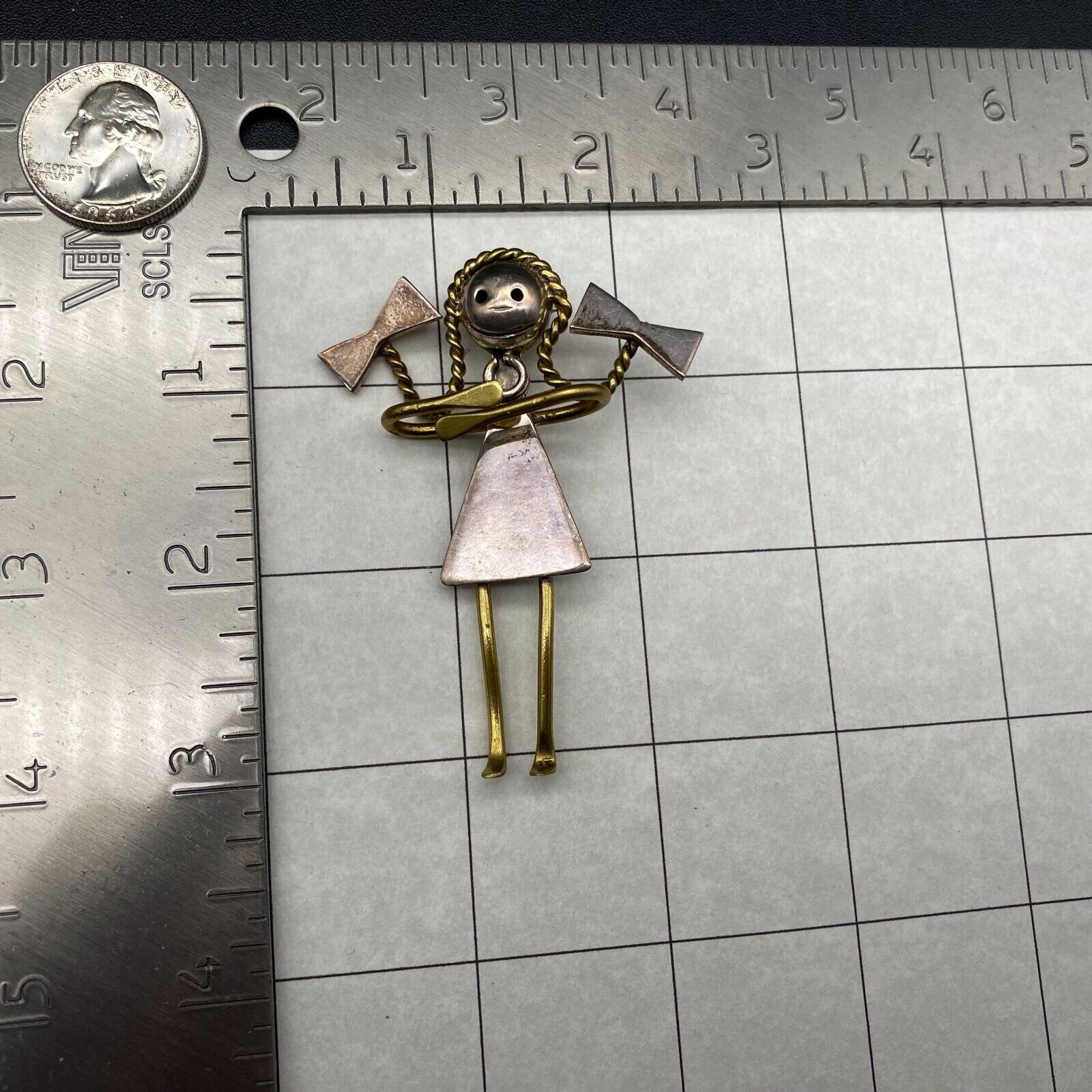 Vintage Mexico Girl Bow Knot Mixed Metal Sterling Silver Brass Pin Brooch
