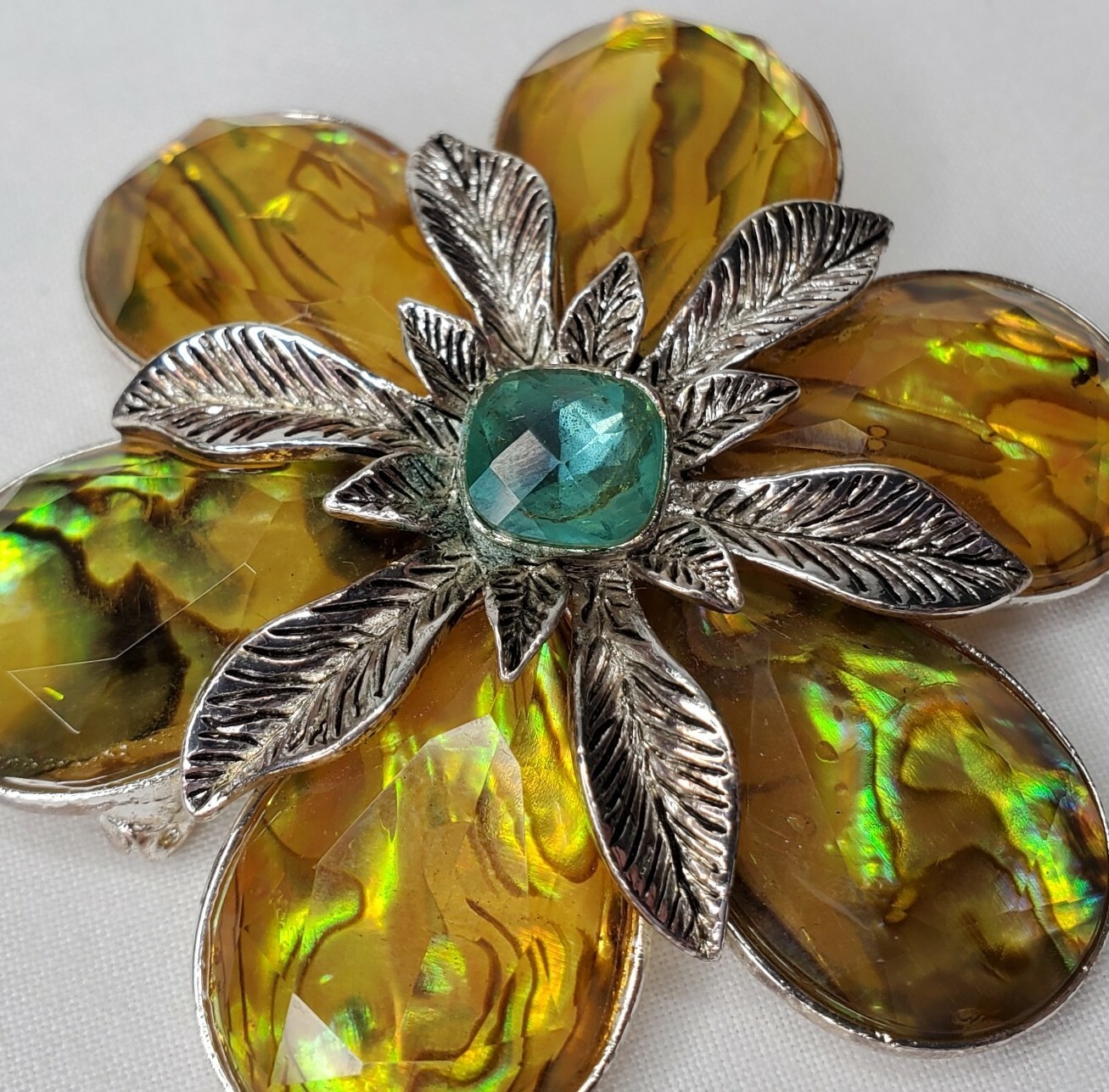Vintage Monet Flower Brooch Yellow Acrylic Turquoise Faceted Stone Silver Tone