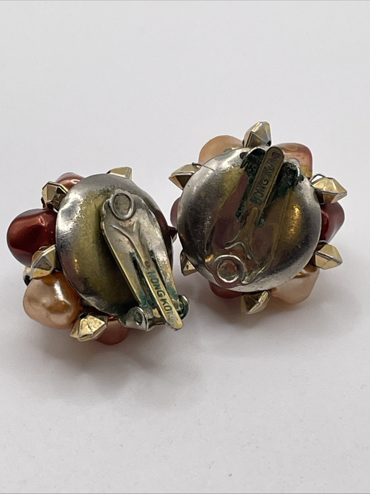 Earrings Vintage MCM Cluster Fall Colors Hong Kong Gold Tone Clip On Jewelry