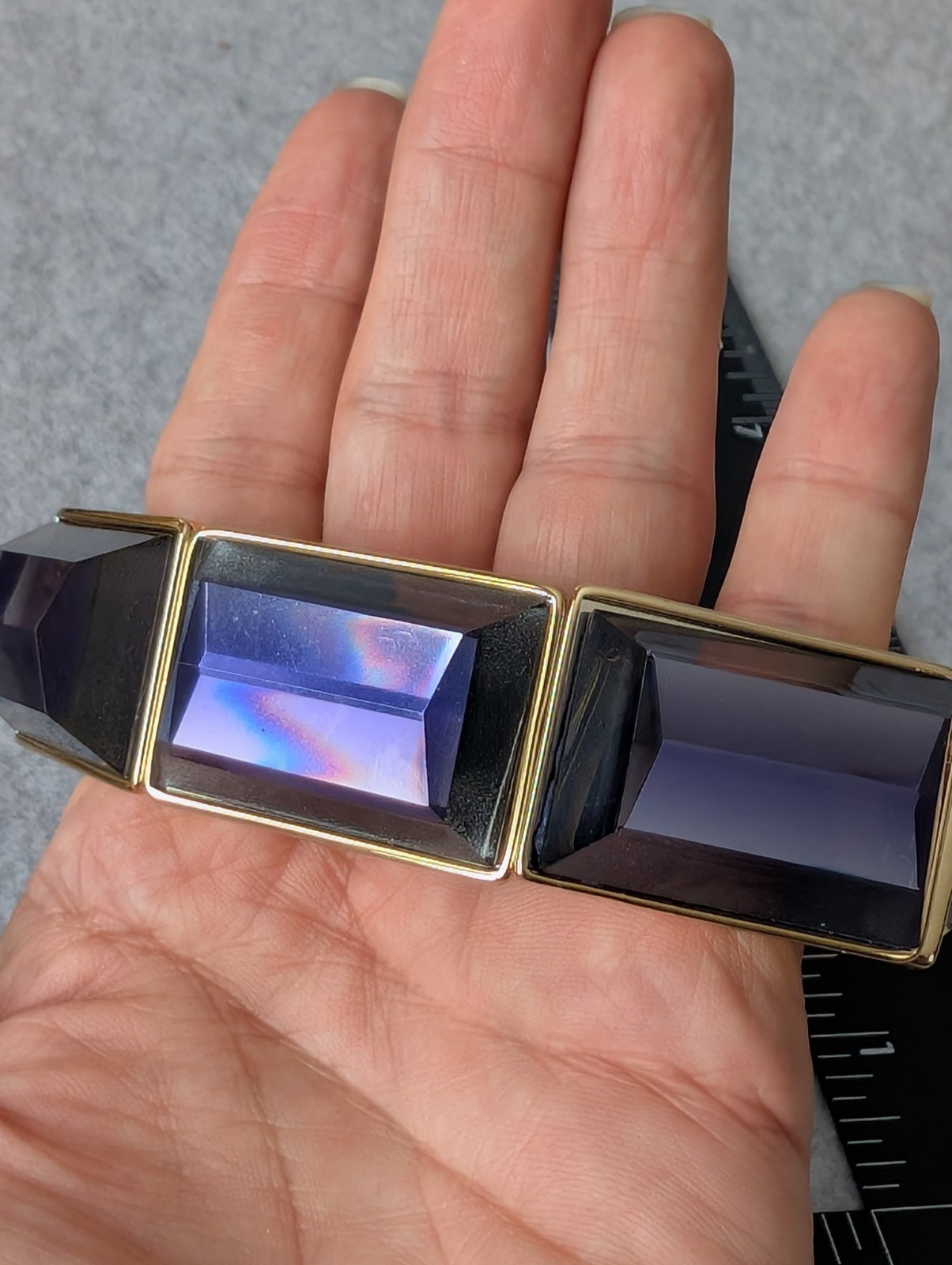 Large Gemstone Faux Amethyst Acrylic Faceted Cuff Bracelet Stretch Gold Tone