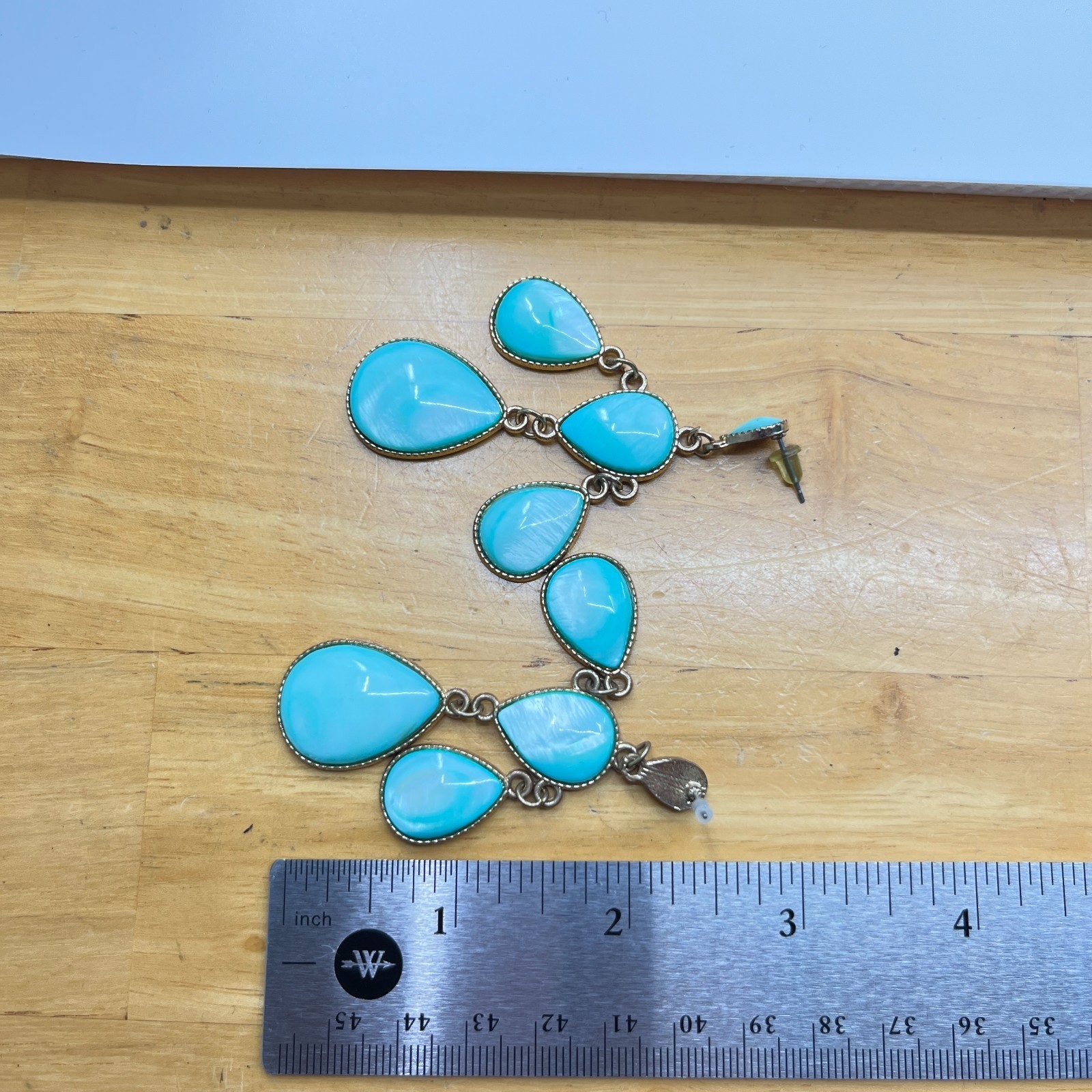 Vintage Boho Gold Tone Teal Faux MoP Teardrop Chandelier Blue Dangle Earrings