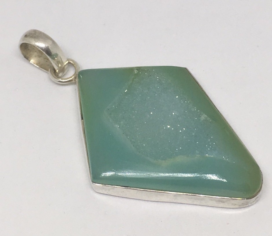 Natural Green Geode Pendant Polished Edges w/ Crystals in Sterling 15.9 grams
