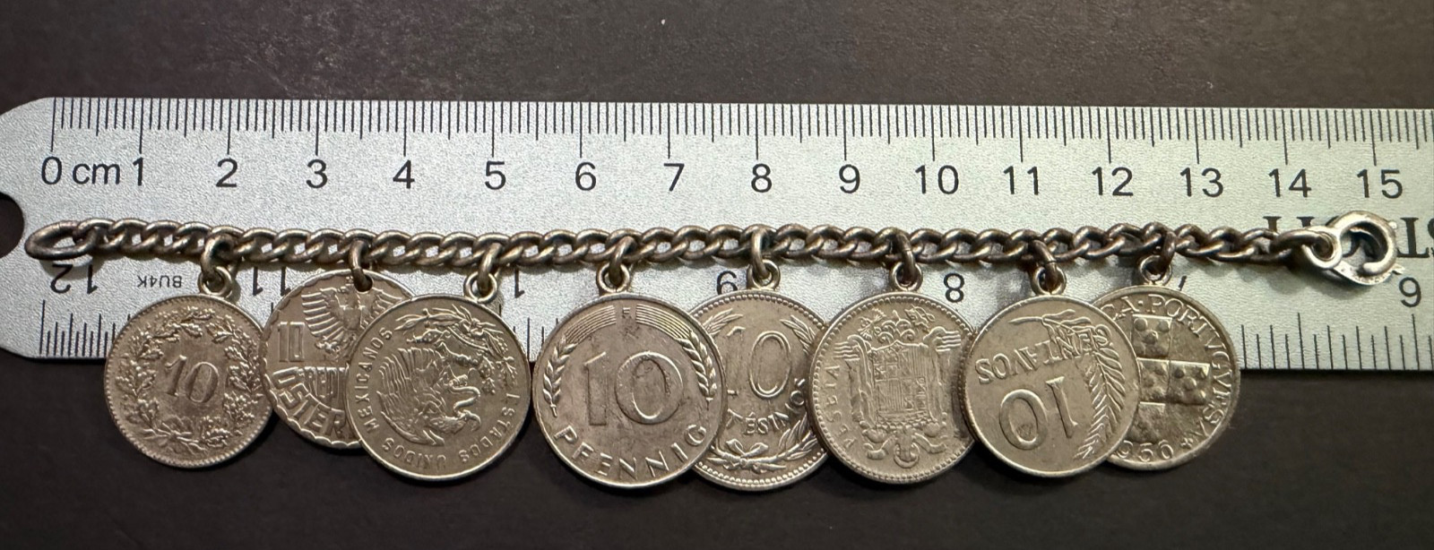 Vintage Foreign Coin Bracelet – 8 Coins – Circa 1950’s – 6″