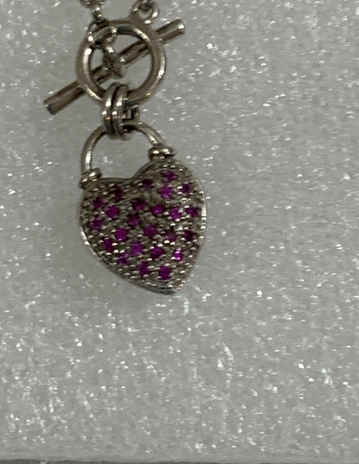 Sterling Silver Vintage Chain Bracelet W/Crystal Heart Charm & Toggle Clasp