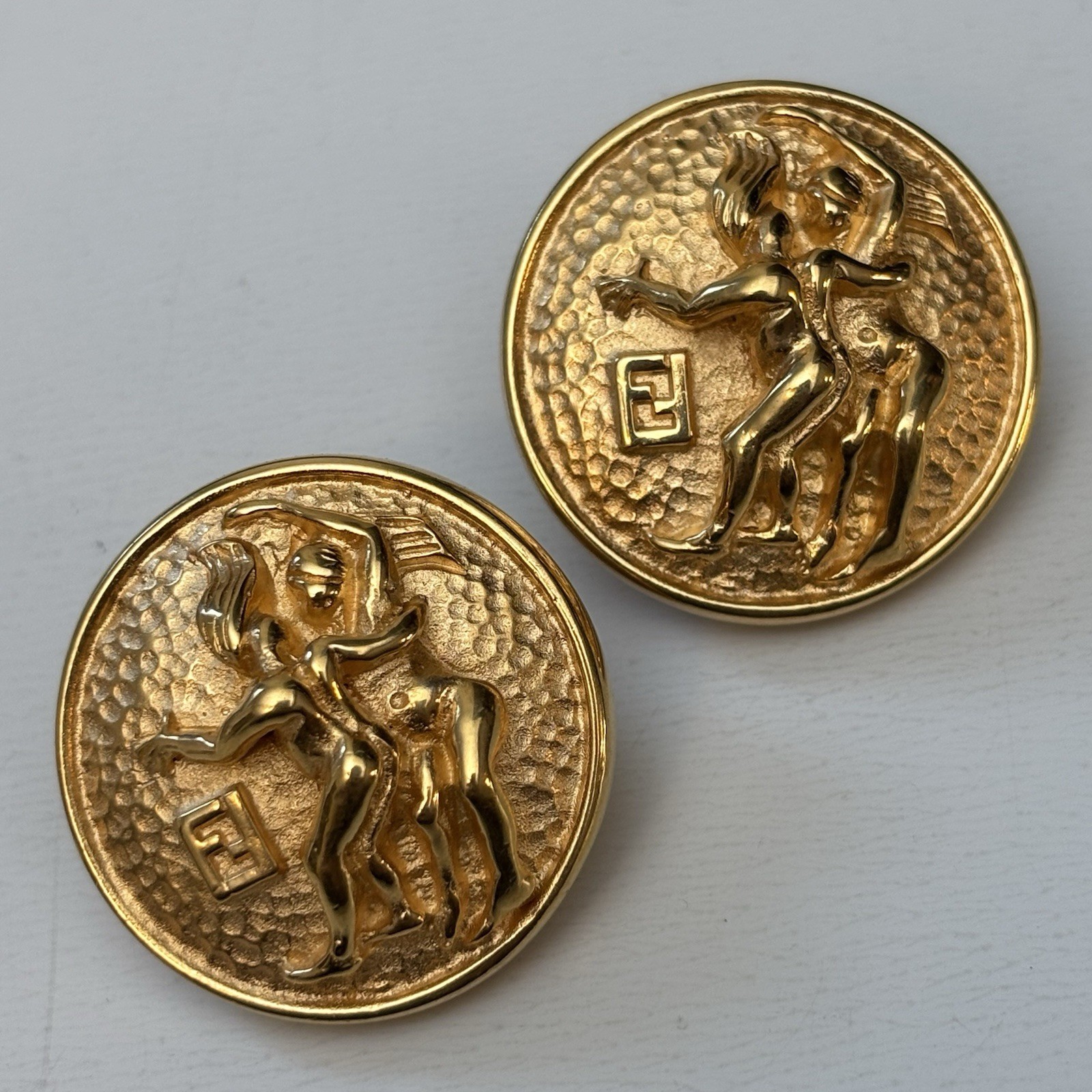 Fendi Vintage 1980s Zodiac GEMINI Circle Round Earrings Brushed Gold Tone Stud