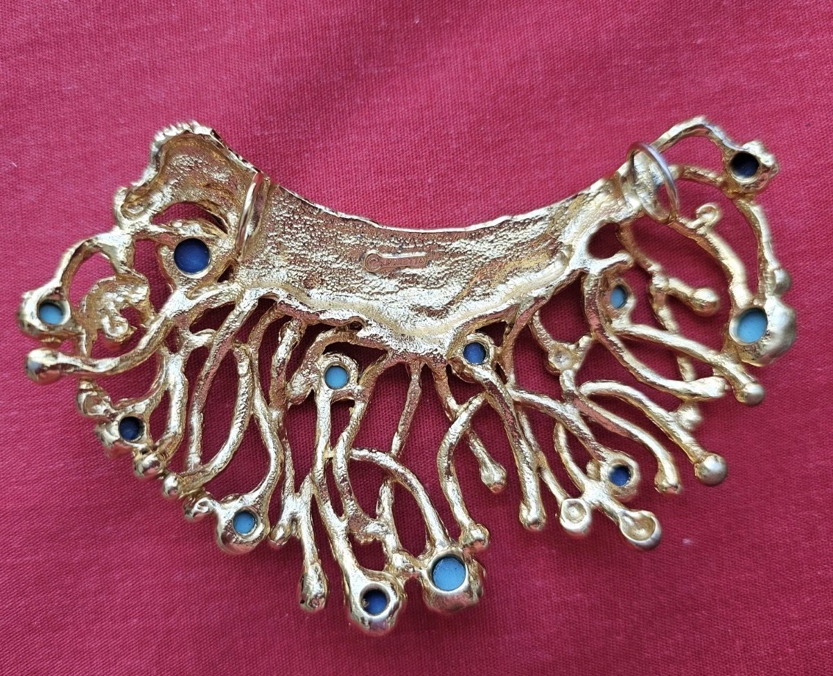 Signed PANETTA Gold tone Pendant Choker Faux Turquoise Lapis Cabochon Brutalist